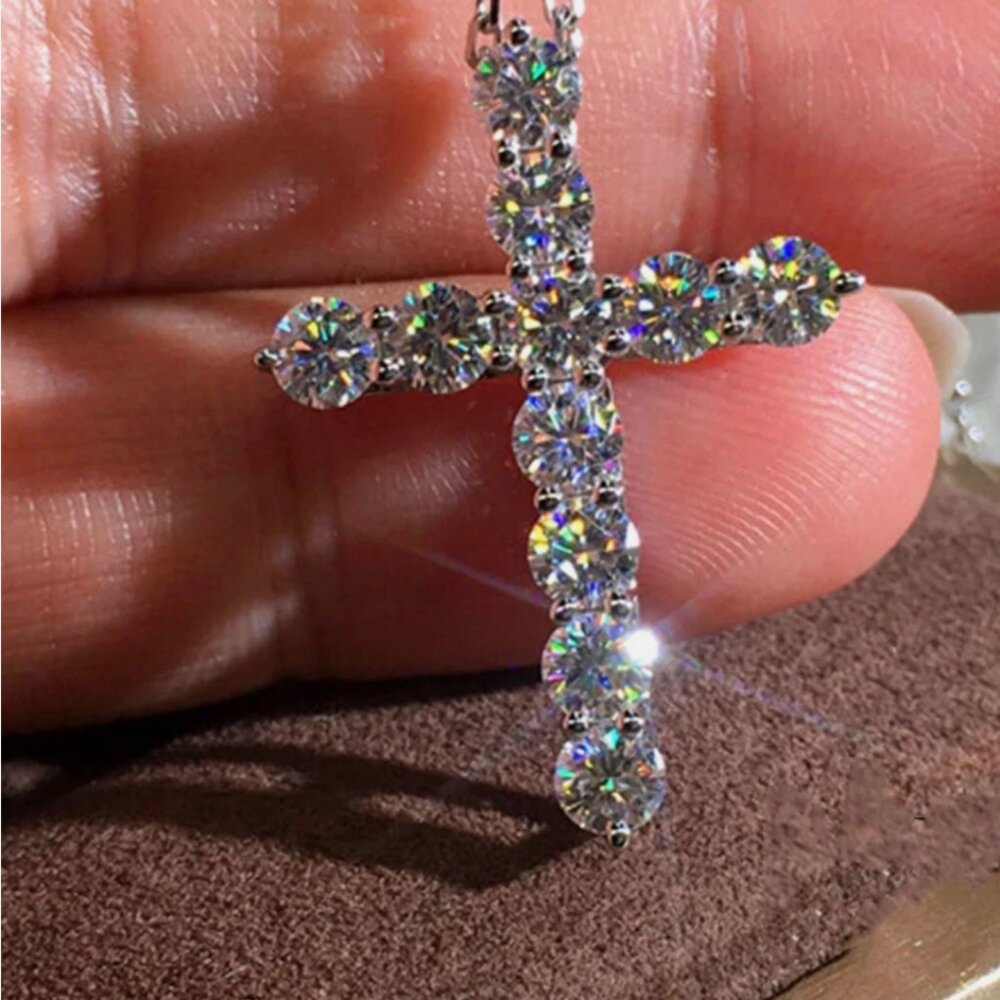 3 CT Round Brilliant Cut Moissanite Cross Wedding Pendant Solid 14K White Gold